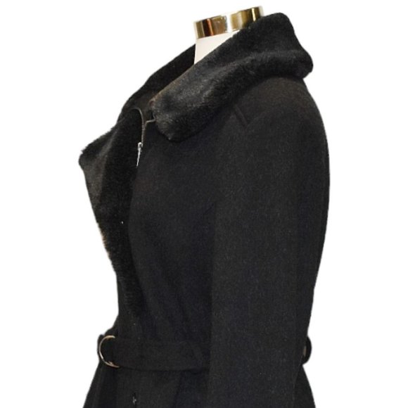 Charles Klein Dark Grey Wool with Black Faux Fur Belted Pea Coat * Size 12 - Picture 5 of 9
